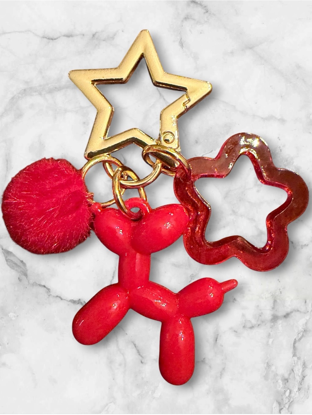 Red Balloon Dog Charm Keychain with Gold Star Ring